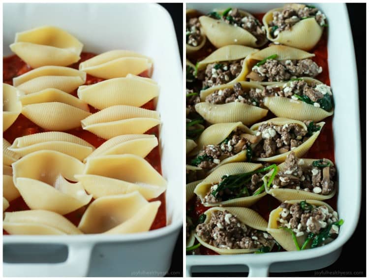 An easy Stuffed Shells recipe with ground beef, spinach, and mushrooms then topped with a homemade marinara sauce - all for only 223 calories per serving! | joyfulhealthyeats.com #recipes