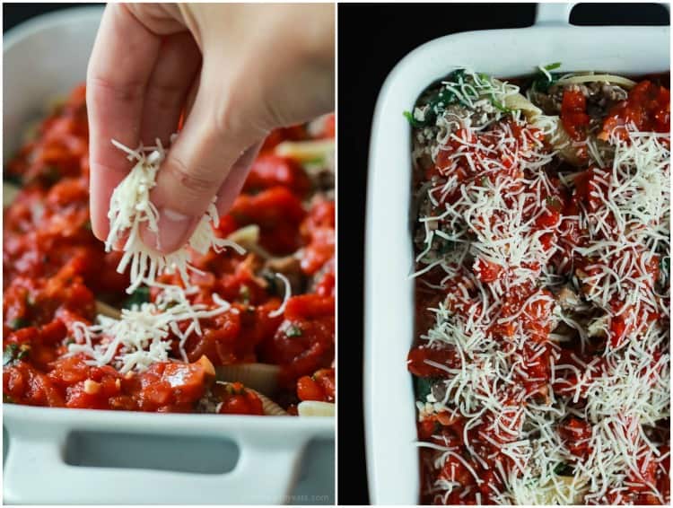 An easy Stuffed Shells recipe with ground beef, spinach, and mushrooms then topped with a homemade marinara sauce - all for only 223 calories per serving! | joyfulhealthyeats.com #recipes