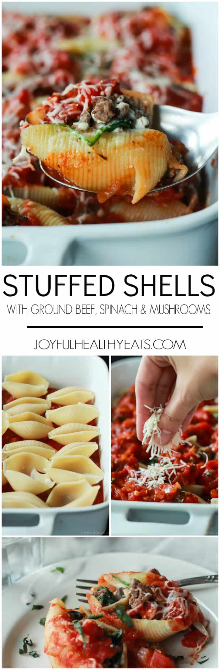 An easy Stuffed Shells recipe with ground beef, spinach, and mushrooms then topped with a homemade marinara sauce - all for only 223 calories per serving! | joyfulhealthyeats.com #recipes