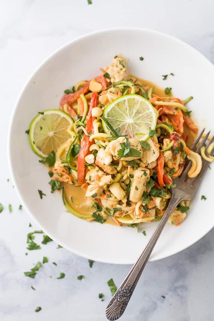 closeup photo of thai chicken zucchini noodles with spicy peanut sauce in a bowl