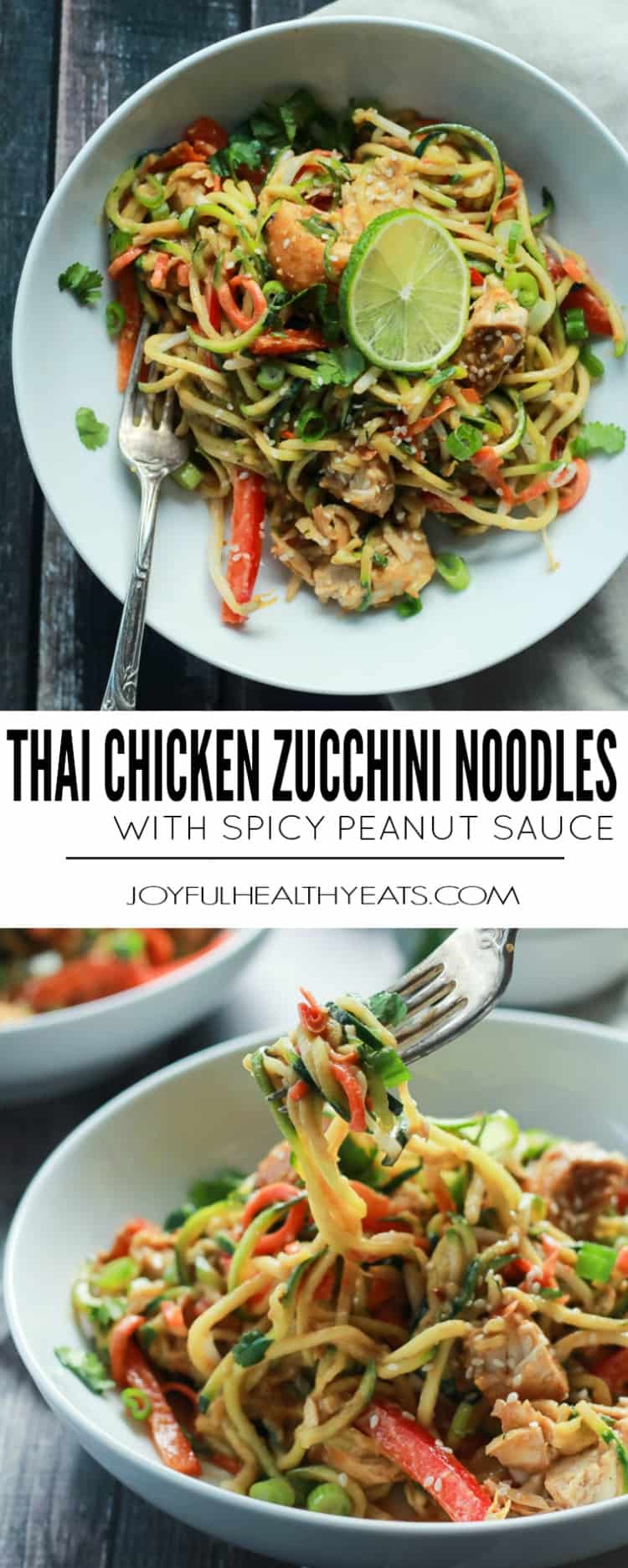 Zoodles are the star in this easy 15 minute Thai Chicken Zucchini Noodles recipe with Spicy Peanut Sauce only 363 calories and packed with a punch of flavor! | joyfulhealthyeats.com #paleo #glutenfree