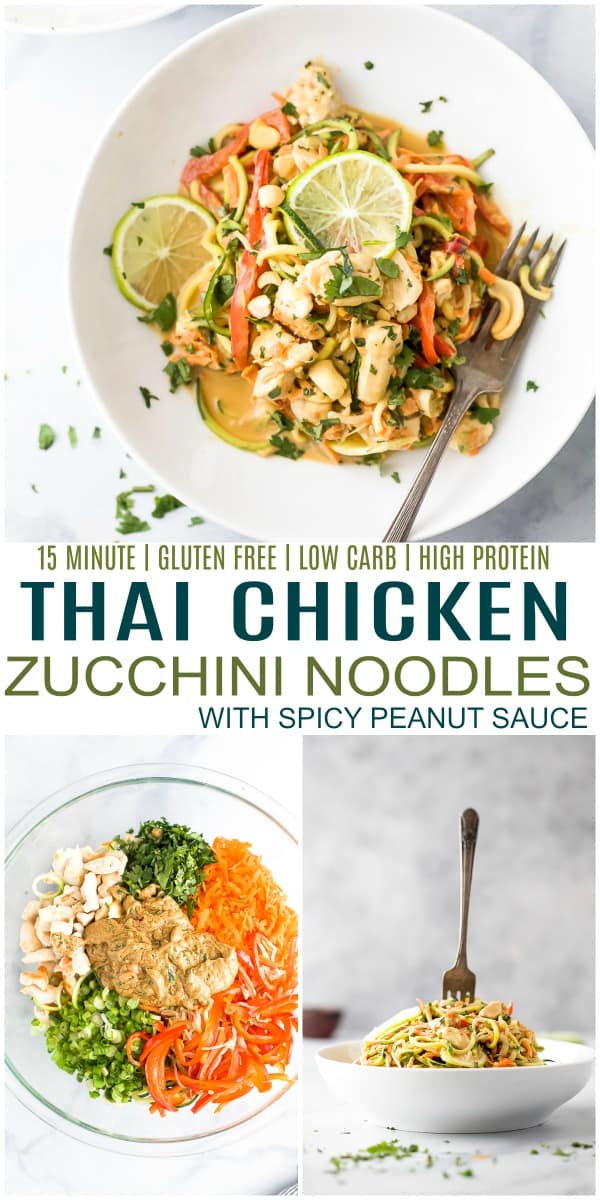 pinterest image for thai chicken zucchini noodles with spicy peanut sauce