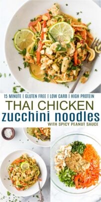 pinterest image for thai chicken zucchini noodles with spicy peanut sauce