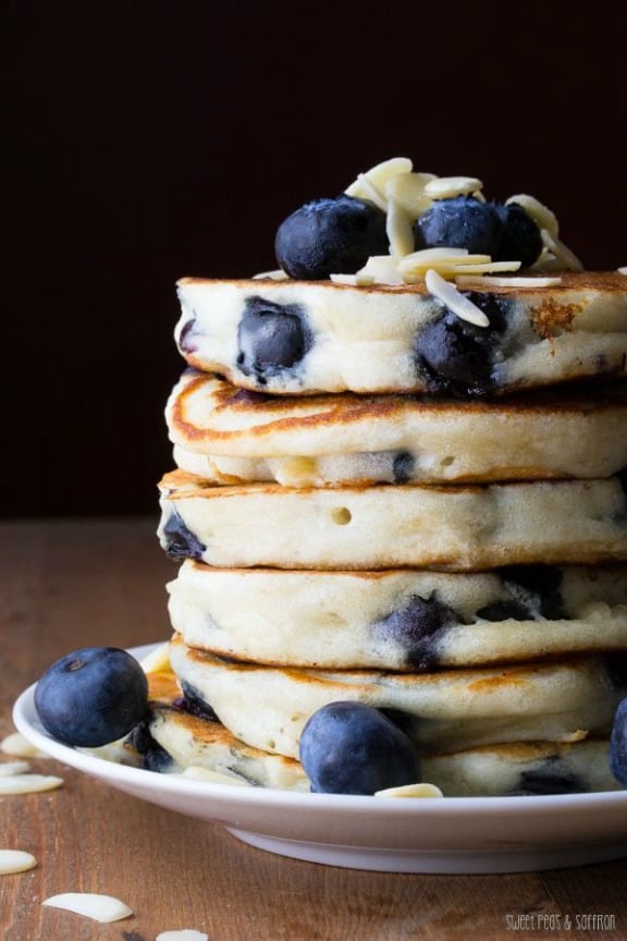 A Tall Stack of Fluffy Almond Blueberry Pancakes