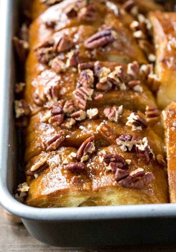 Sticky Bun French Toast Topped with Walnuts in a Pan