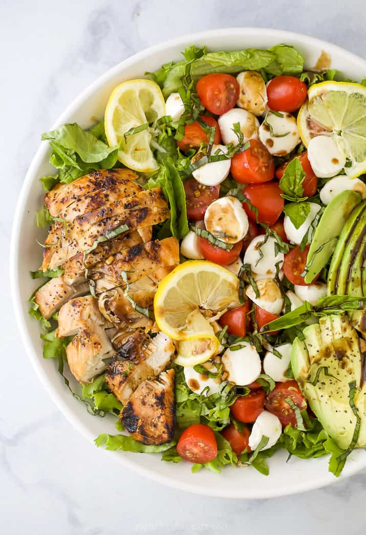 close up photo of avocado caprese chicken salad