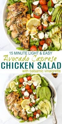 pinerest image for avocado caprese chicken salad with balsamic vinaigrette