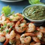 A pile of Cilantro Lime Shrimp with Tomatillo Sauce in a bowl.