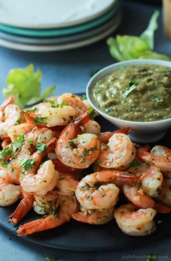 A pile of Cilantro Lime Shrimp with Tomatillo Sauce in a bowl.