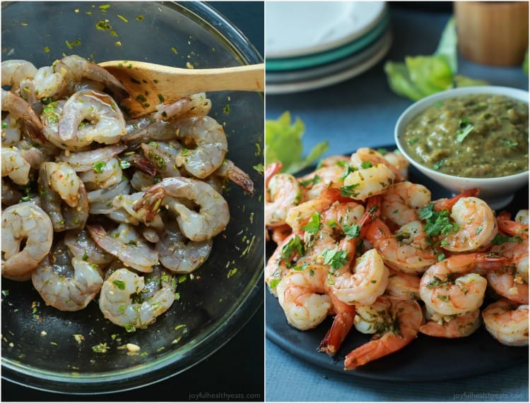 Collage of Cilantro Lime Roasted Shrimp before and after cooking