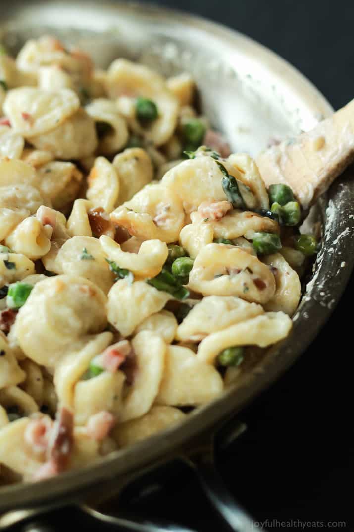 Crispy Pancetta Sweet Pea Orecchiette Pasta tossed with a creamy lemon herb Goat Cheese Sauce! This pasta recipe is comfort food to the max AND its skinny! | joyfulhealthyeats.com #recipes 