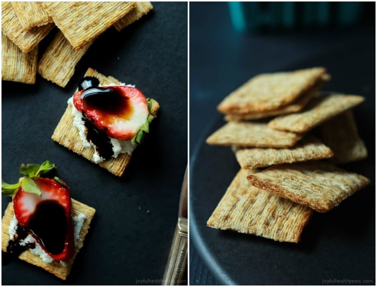 Triscuits and Strawberry Goat Cheese Bites topped with a Balsamic Reduction Drizzle