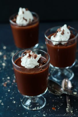 The easiest 3 ingredient Peanut Butter Chocolate Mousse you will ever make! This decadent Mousse is topped with homemade Coconut Whipped Cream to make absolutely perfection in a dessert! | joyfulhealthyeats.com #recipes #glutenfree #paleo