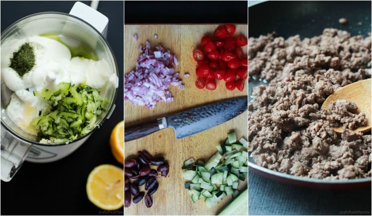 Skinny Greek Loaded French Fry Nachos, an easy creative appetizer recipe that will wow your guests and only takes 25 minutes to make! Filled with homemade tzatziki sauce, ground lamb, and fresh vegetables! | joyfulhealthyeats.com #recipes #SpringIntoFlavor #ad