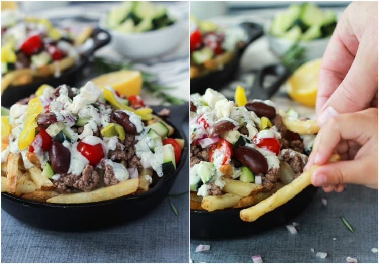 Skinny Greek Loaded French Fry Nachos, an easy creative appetizer recipe that will wow your guests and only takes 25 minutes to make! Filled with homemade tzatziki sauce, ground lamb, and fresh vegetables! | joyfulhealthyeats.com #recipes #SpringIntoFlavor #ad