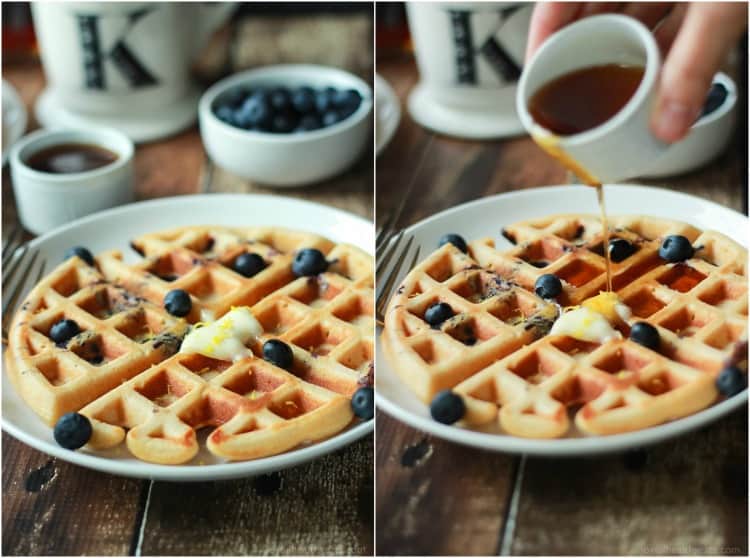 Whole Wheat Lemon Blueberry Waffles, these Waffles are packed with juicy blueberries and fresh lemon zest for the perfect light summer breakfast recipe! | joyfulhealthyeats.com #brunch #mothersday