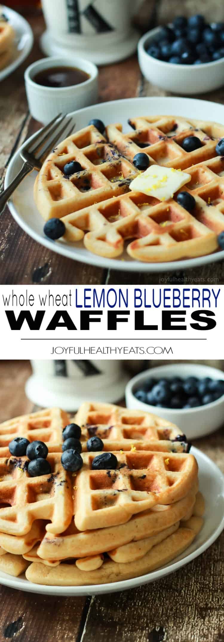 Whole Wheat Lemon Blueberry Waffles, these Waffles are packed with juicy blueberries and fresh lemon zest for the perfect light summer breakfast recipe! | joyfulhealthyeats.com #brunch #mothersday