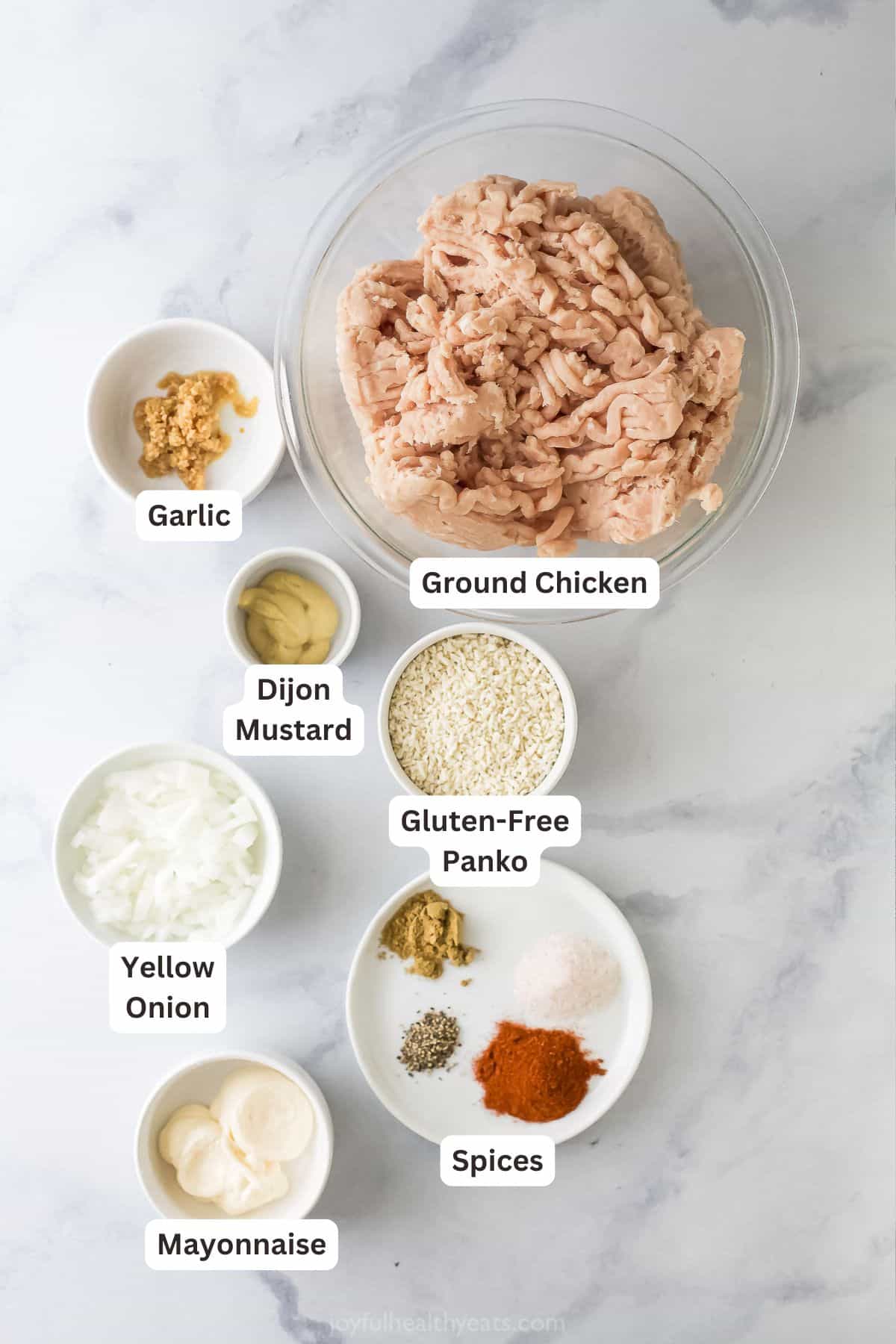 These BBQ Chicken Burgers are easy to make and perfect for summer parties and weeknight dinners. So flavorful and juicy! Overhead view of ingredients for chicken burgers