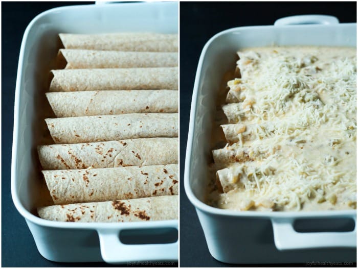 Chicken Enchiladas in a pan before baking