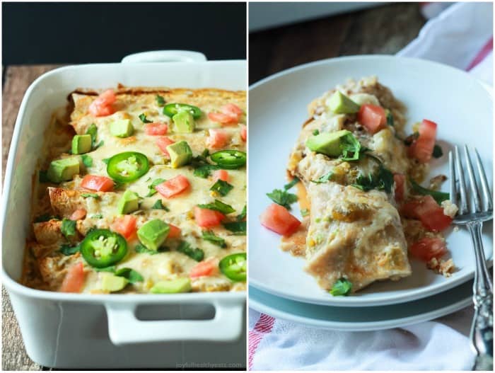 A pan of Chicken Enchiladas topped with melted cheese, jalapeno, avocado, and tomato and a serving of Chicken Enchiladas on a plate