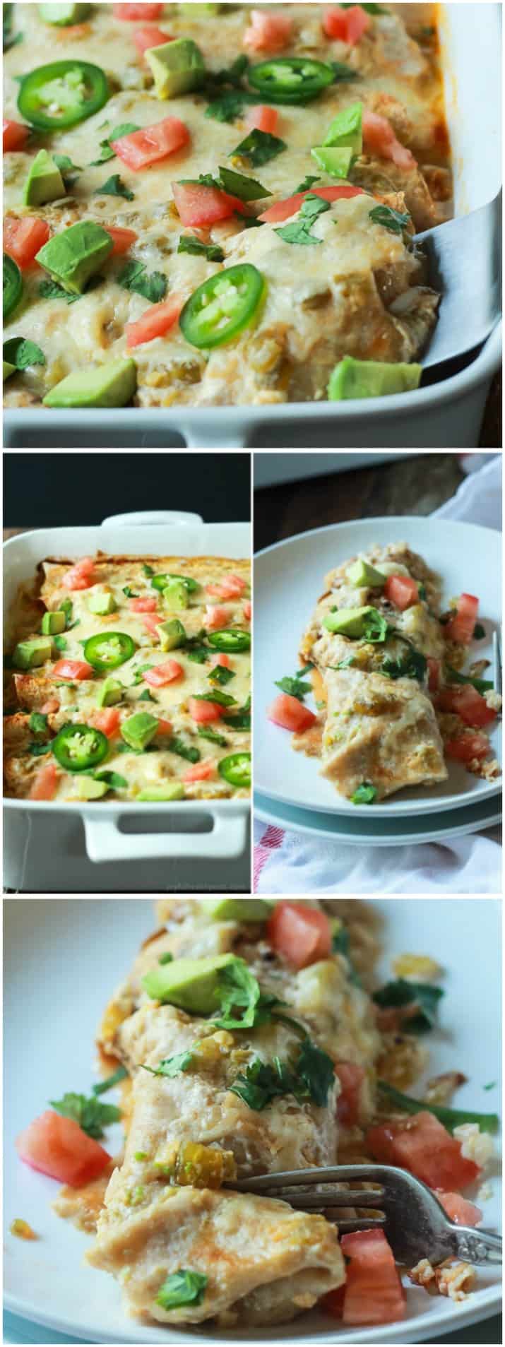 Collage of Chicken Enchiladas in a pan and on a plate