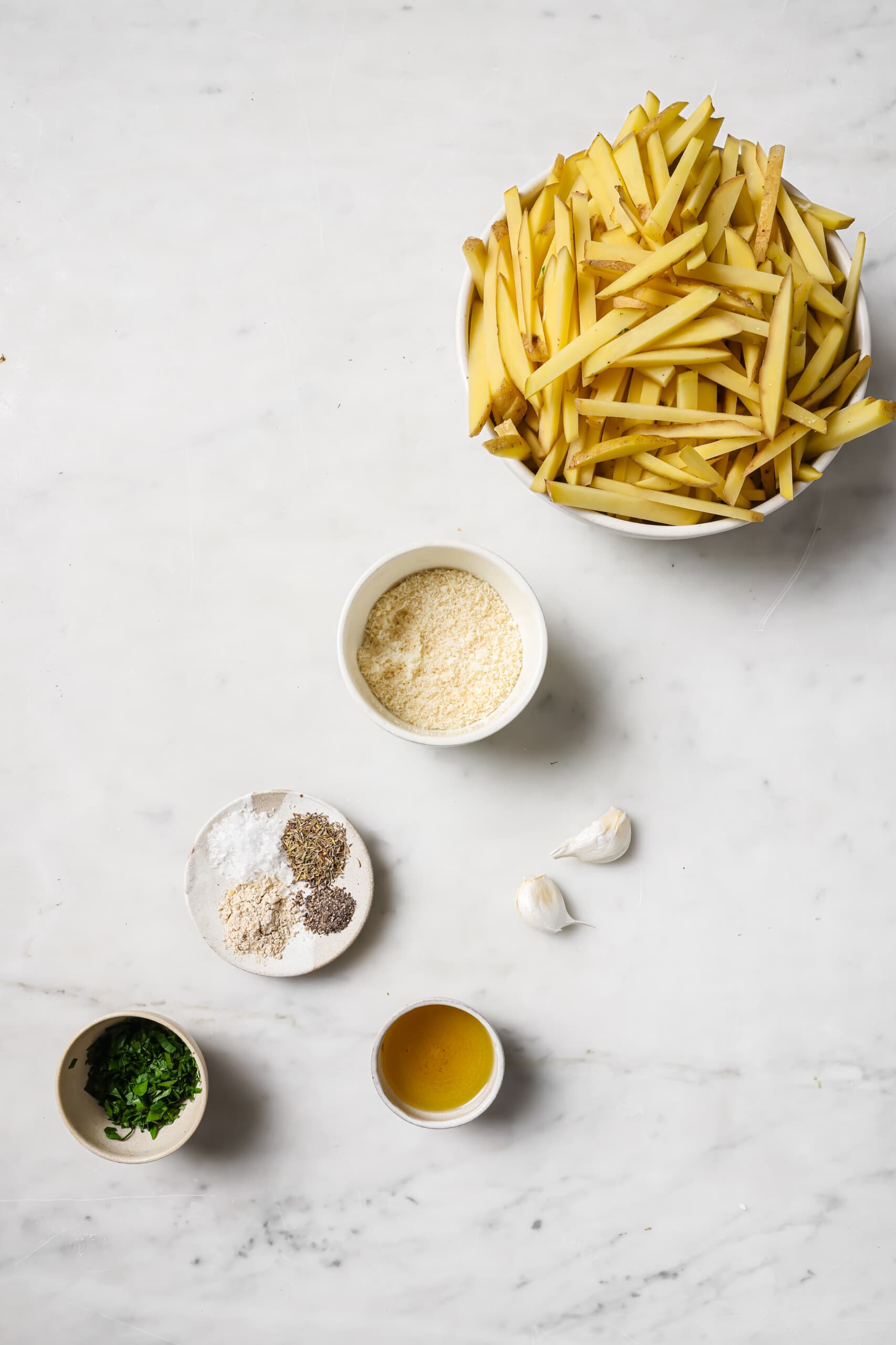 Ingredients for garlic parmesan fries. 