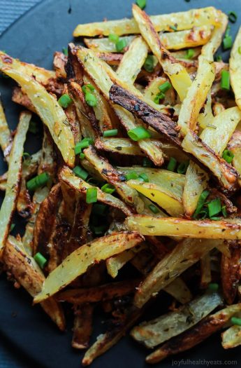 Crispy Baked Garlic Parmesan Fries are crispy on the outside and soft on the inside, the easiest skinny Baked Fries you will ever make! Only 6 ingredients but pack a phenomenal fresh herb taste! | joyfulhealthyeats.com #recipes #glutenfree Easy Healthy Recipes