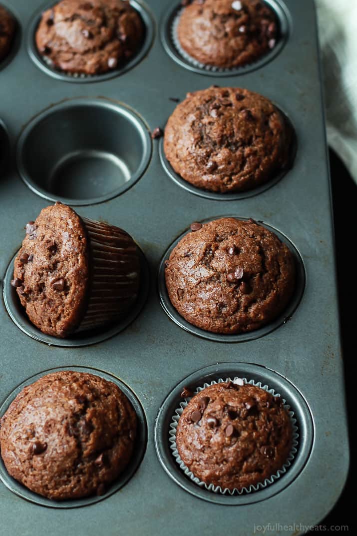 No Sugar, crazy moist, loads of chocolate flavor with great banana taste. These Skinny Double Chocolate Banana Muffins are the muffins of your dreams! | joyfulhealthyeats.com #recipes Easy Healthy RecipesRefined Sugar free, crazy moist, loads of chocolate flavor with great banana taste. These Skinny Double Chocolate Banana Muffins are the muffins of your dreams! | joyfulhealthyeats.com #recipes