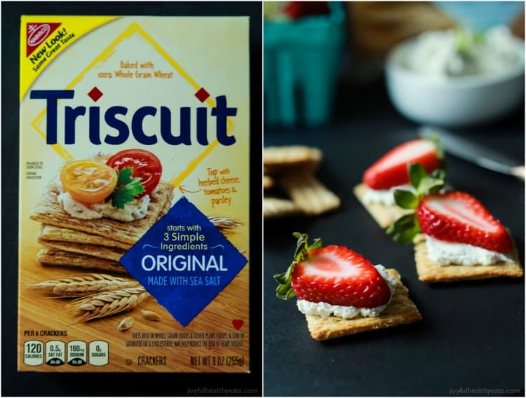 A box of Triscuits and Strawberry Goat Cheese Bites topped with a Balsamic Reduction Drizzle