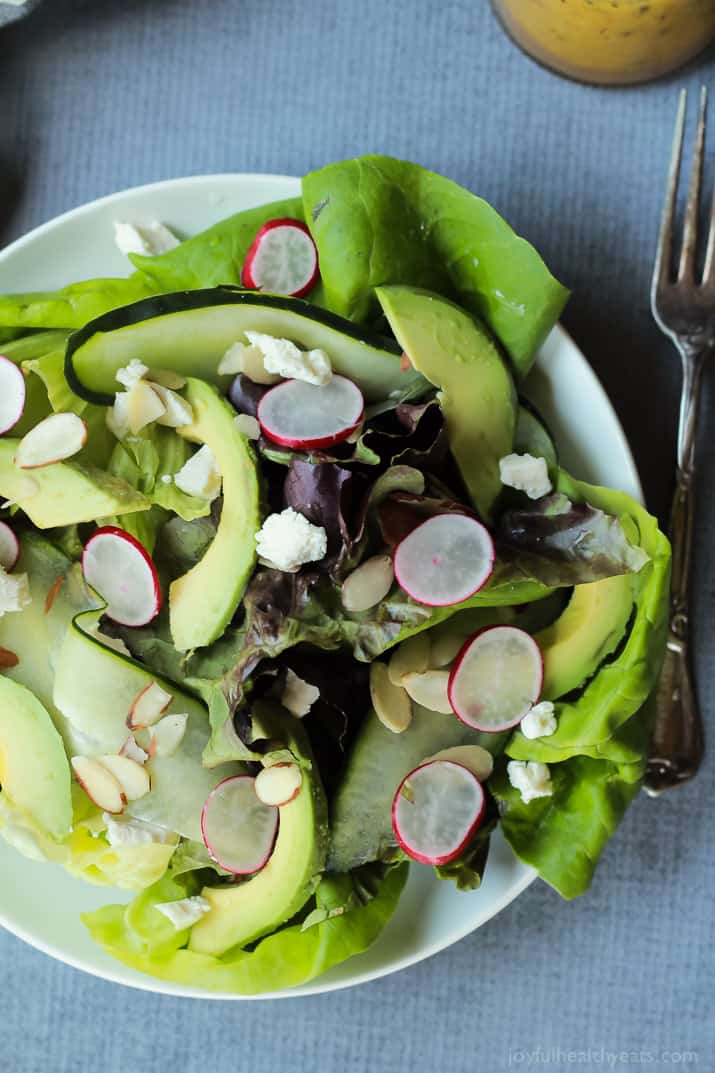 Top view of Avocado Butter Lettuce Salad in a bowl