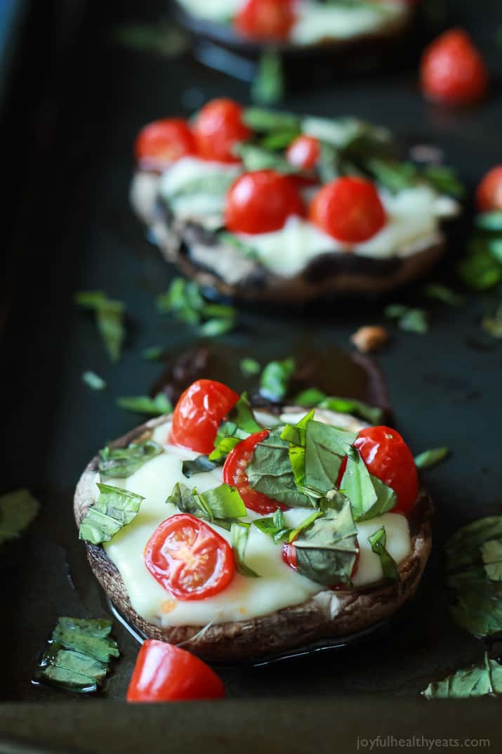 Change up your Friday night pizza night with this Mini Portobello Margherita Pizza - simple, fresh ingredients, and only 15 minutes! | joyfulhealthyeats.com #recipes #glutenfree #vegetarian