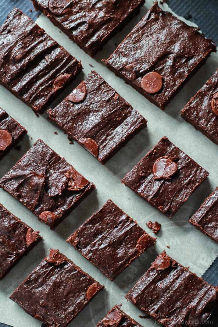 Top view of Fudgy Avocado Brownies cut into squares