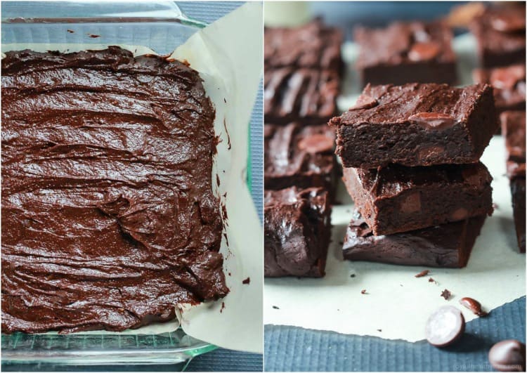 Collage of Fudgy Avocado Brownies in a pan and cut into squares