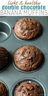 pinterest image for skinny double chocolate banana muffins