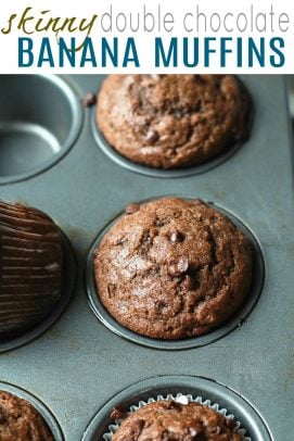 pinterest image for skinny double chocolate banana muffins