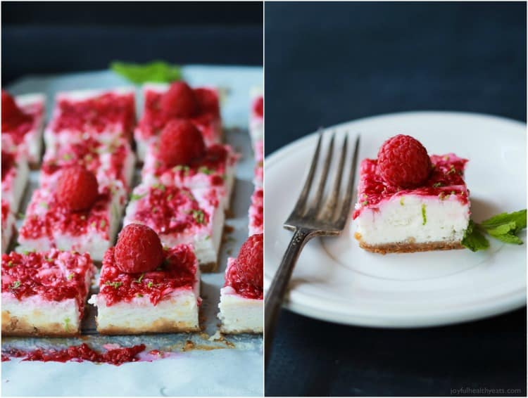 Skinny Raspberry Mojito Cheesecake Bars filled with creamy cheesecake goodness, fresh mint and lime juice, then topped with a fresh raspberry compote - only 130 calories! Perfect for summer parties! | joyfulhealthyeats.com #RaspberryDessert #Driscollsberry #ad