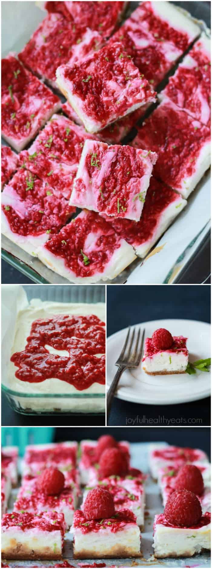 Skinny Raspberry Mojito Cheesecake Bars filled with creamy cheesecake goodness, fresh mint and lime juice, then topped with a fresh raspberry compote - only 130 calories! Perfect for summer parties! | joyfulhealthyeats.com #RaspberryDessert #Driscollsberry #ad