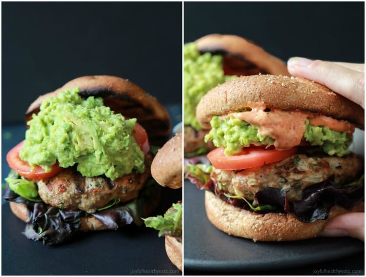Healthy juicy Southwestern Turkey Burgers stuffed with lettuce, tomato, a simple guacamole, and a Spicy Aioli made with Piquillo Peppers and Chipotle Peppers! The ultimate Turkey Burger recipe your family will love - just 20 minutes! | joyfulhealthyeats.com #recipes #grill 