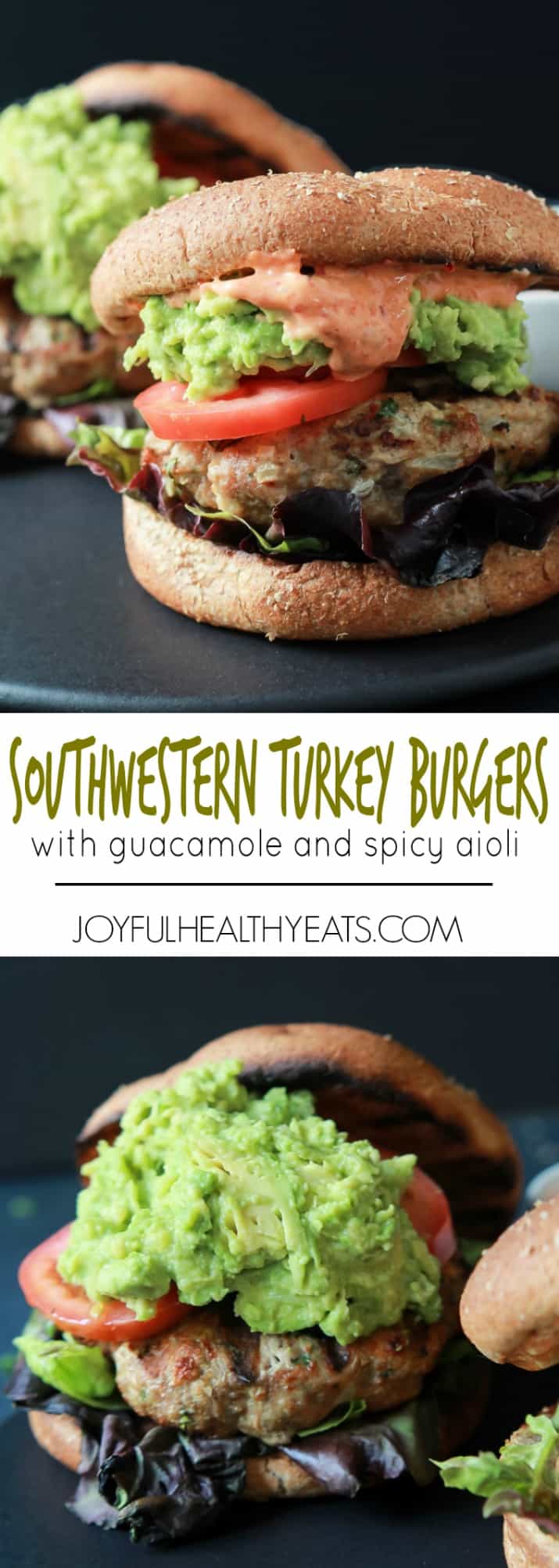 Healthy juicy Southwestern Turkey Burgers stuffed with lettuce, tomato, a simple guacamole, and a Spicy Aioli made with Piquillo Peppers and Chipotle Peppers! The ultimate Turkey Burger recipe your family will love - just 20 minutes! | joyfulhealthyeats.com #recipes #grill 