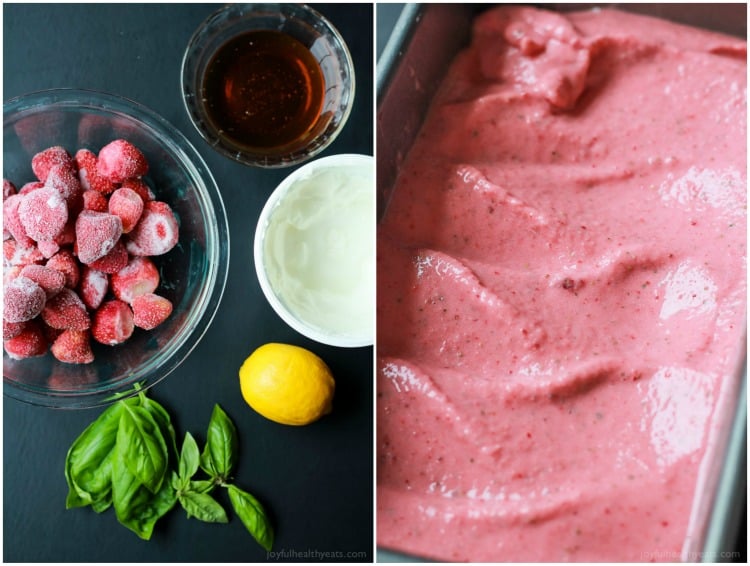 A 5-Minute Healthy Strawberry Basil Frozen Yogurt recipe perfect to cool you down in summer, made with only 5 ingredients and naturally sweetened! | joyfulhealthyeats.com #recipes