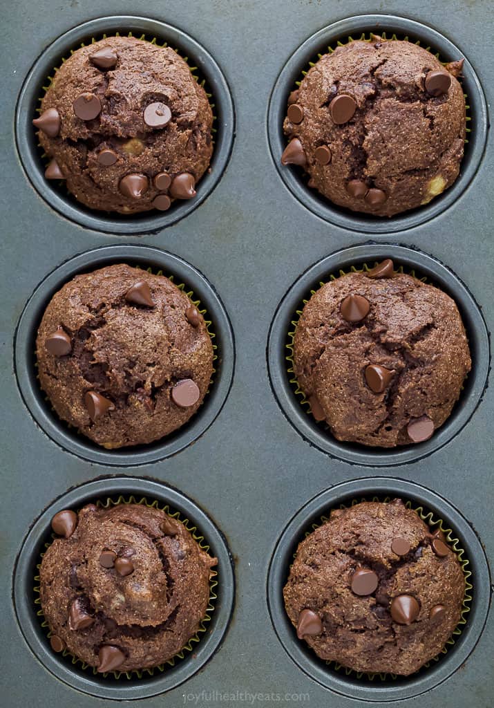 overhead photo of the best skinny double chocolate banana muffins in a muffin pan