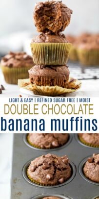 pinterest image for the best skinny double chocolate banana muffins