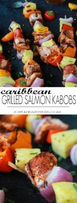 Caribbean Grilled Salmon Kabobs will take you straight to the islands with the cajun spices, fresh pineapple, bell peppers, and fresh seafood! Perfect healthy grilling recipe for the summer done in 20 minutes! | joyfulhealthyeats.com #recipes