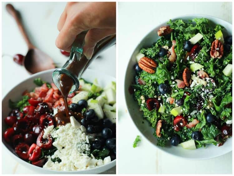 Collage of Summer Kale Salad ingredients in a bowl and completed Summer Kale Salad