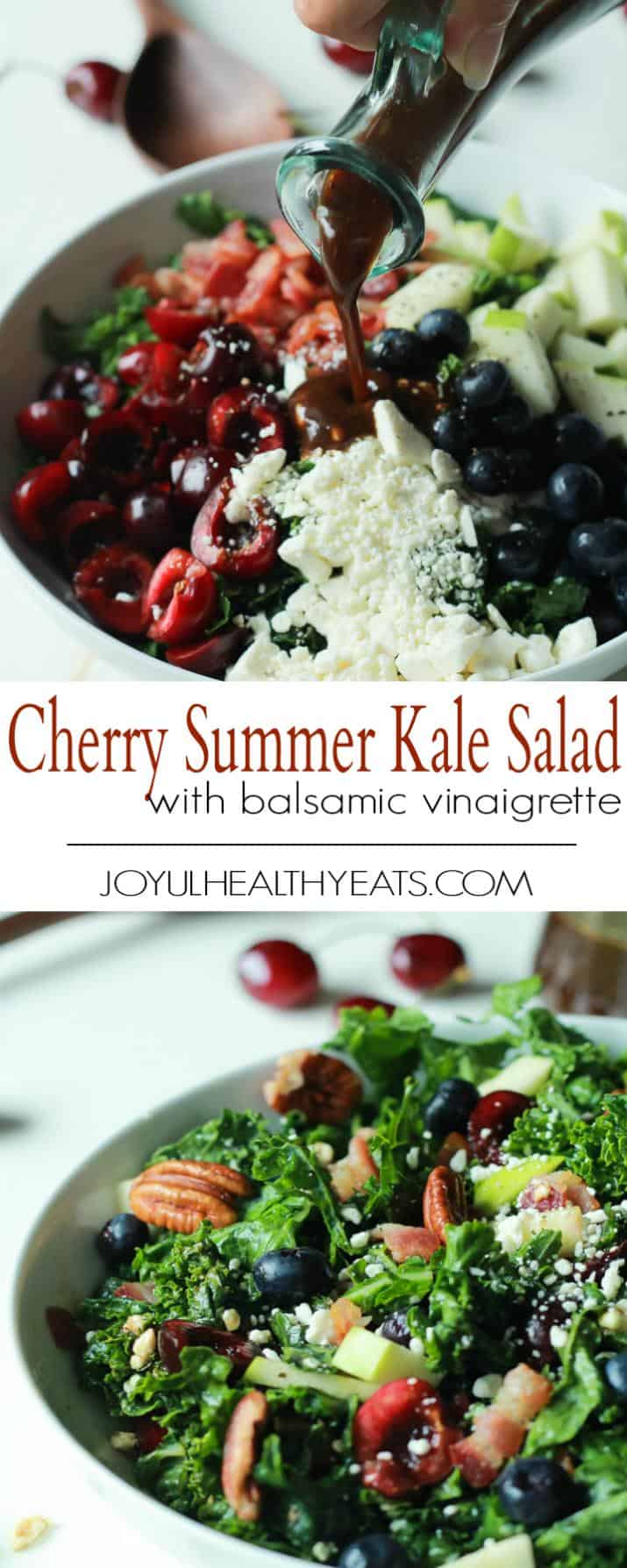 Pinterest collage for Cherry Summer Kale Salad with Balsamic Vinaigrette recipe