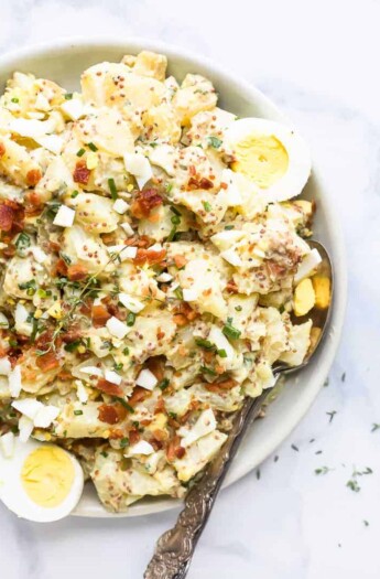 overhead photo of creamy easy potato salad recipe with bacon