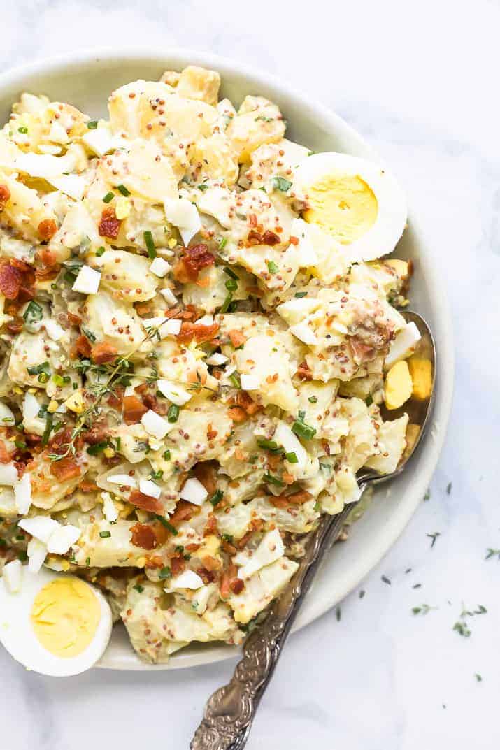 overhead view of creamy easy potato salad recipe with bacon