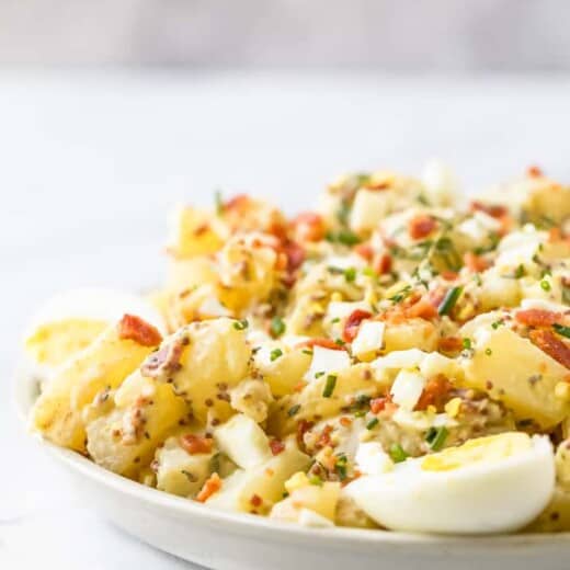 side photo of creamy easy potato salad recipe with bacon