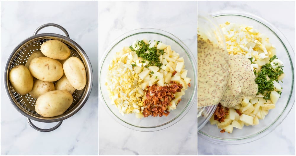 process of how to make creamy easy potato salad with bacon