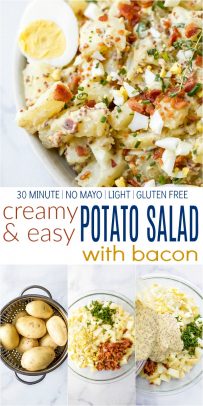 pinterest image for creamy easy potato salad with bacon